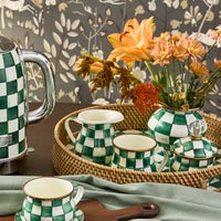 Emerald Check Enamel & Rattan Round Serving Tray