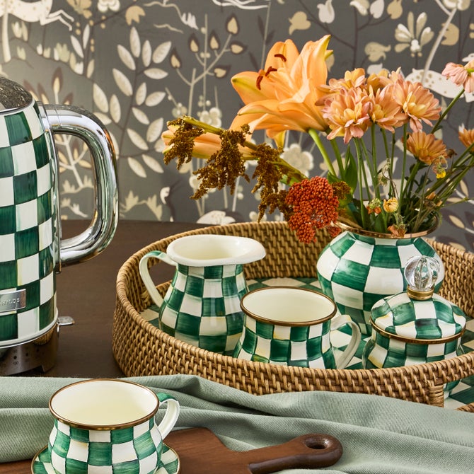 Emerald Check Enamel & Rattan Round Serving Tray image number 3