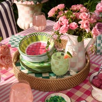 Emerald Check Enamel & Rattan Round Serving Tray