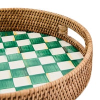 Emerald Check Enamel & Rattan Round Serving Tray