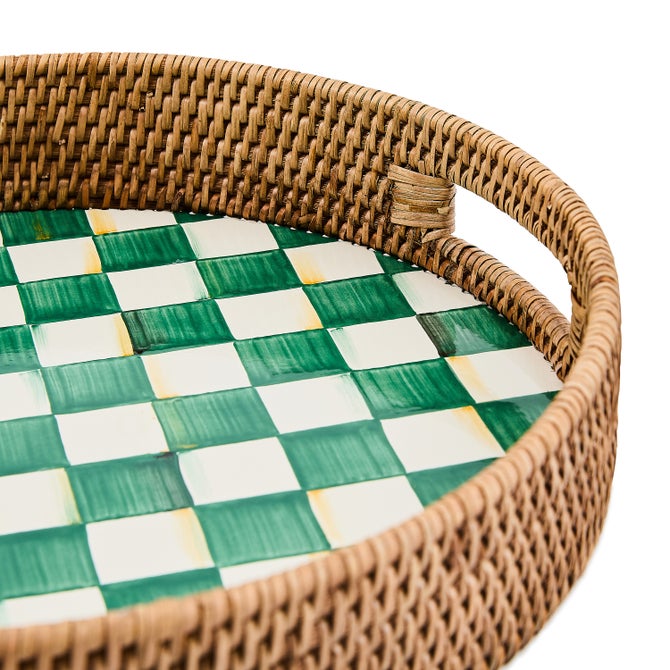Emerald Check Enamel & Rattan Round Serving Tray image number 2