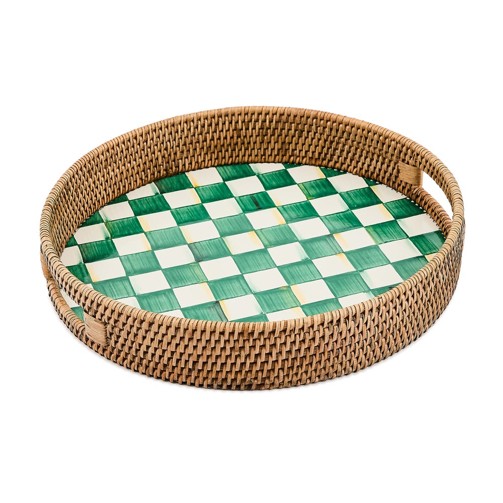 Emerald Check Enamel & Rattan Round Serving Tray mackenzie-childs Panama imagen 1
