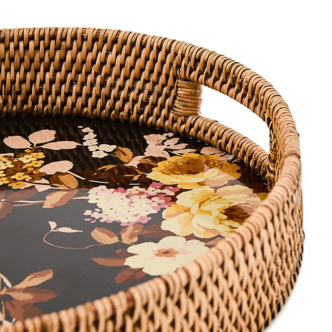 Wild Rose Brown Enamel & Rattan Round Serving Tray image number 2