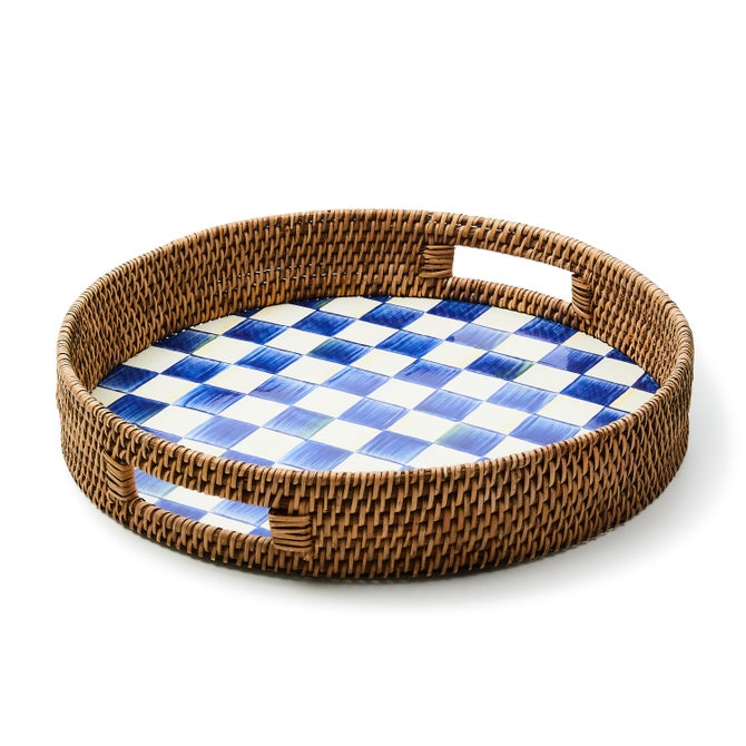 Royal Check Enamel & Rattan Round Serving Tray image number 0
