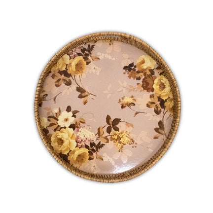 Wild Rose Mauve Enamel & Rattan Round Tray
