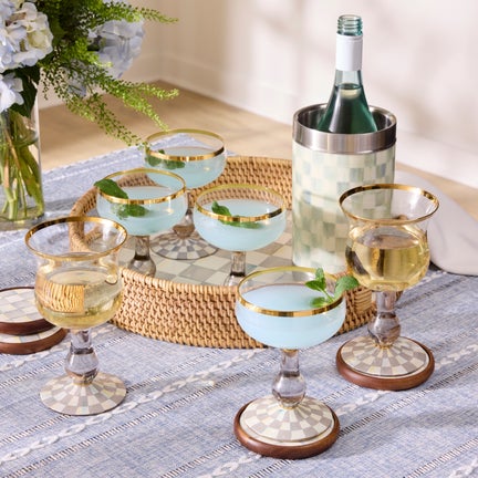 Sterling Check Enamel & Rattan Round Serving Tray