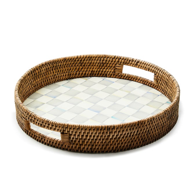 Sterling Check Enamel & Rattan Round Serving Tray image number 0