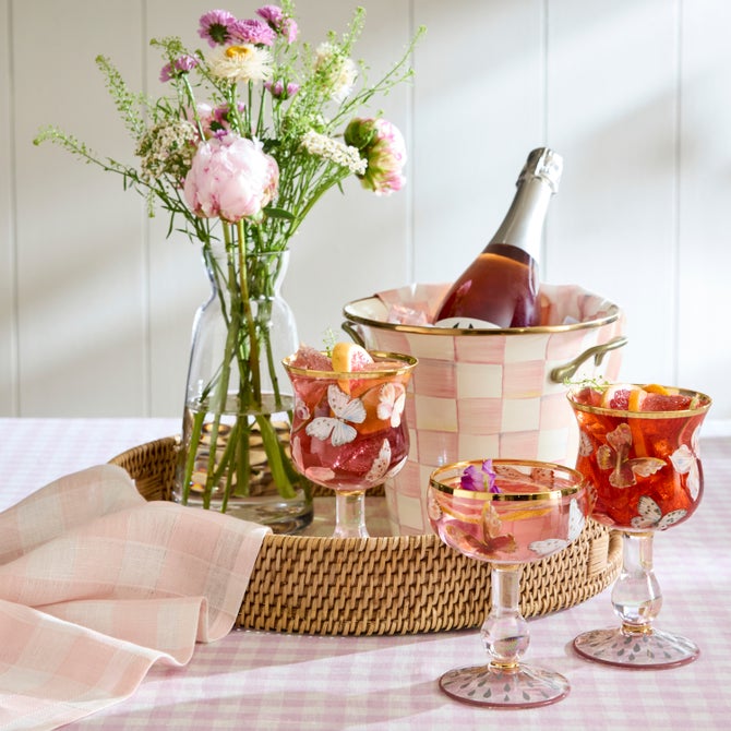 Rosy Check Enamel & Rattan Round Serving Tray image number 1