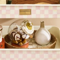Mocha Check Enamel & Rattan Round Serving Tray