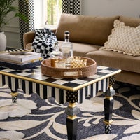 Mocha Check Enamel & Rattan Round Serving Tray