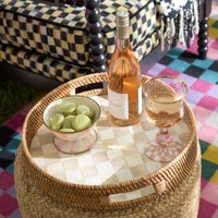 Mocha Check Enamel & Rattan Round Serving Tray