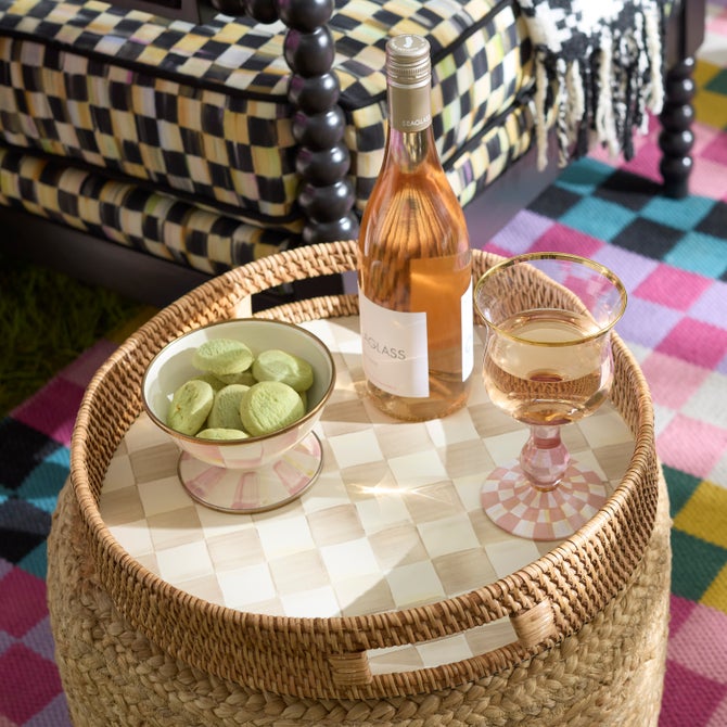 Mocha Check Enamel & Rattan Round Serving Tray image number 5