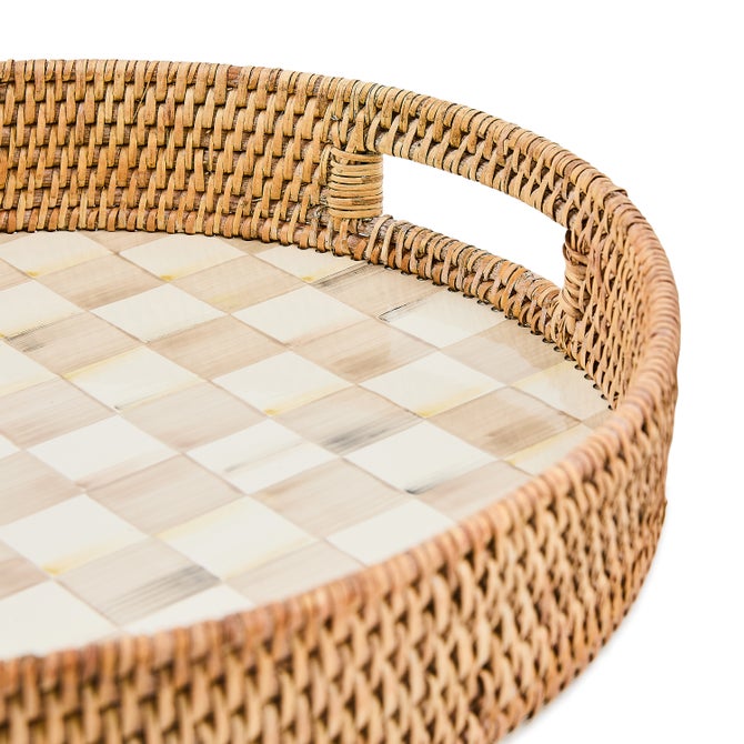 Mocha Check Enamel & Rattan Round Serving Tray image number 2