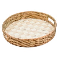 Mocha Check Enamel & Rattan Round Serving Tray