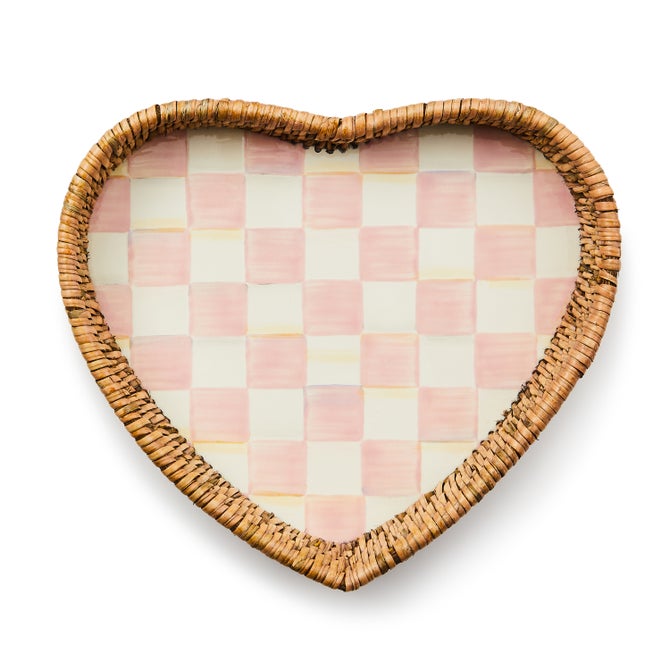 Rosy Check Enamel & Rattan Heart Tray image number 2