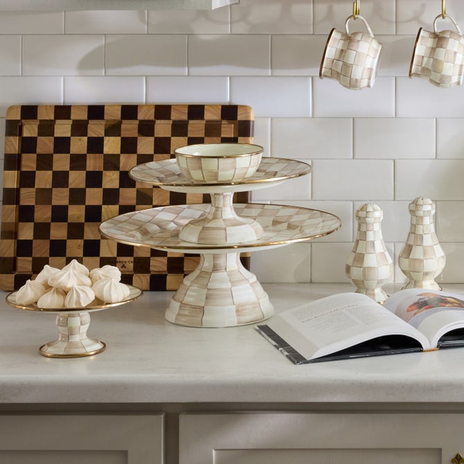 Mocha Check Large Pedestal Platter image number 1