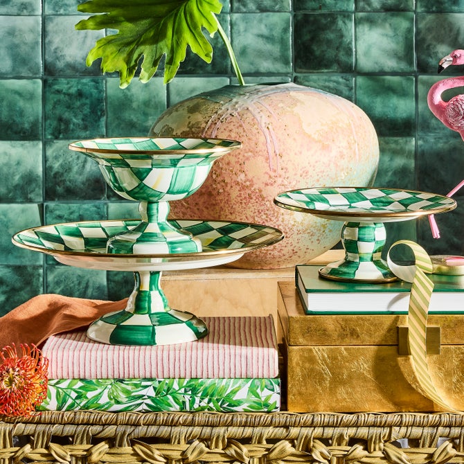 Emerald Check Small Pedestal Platter image number 1