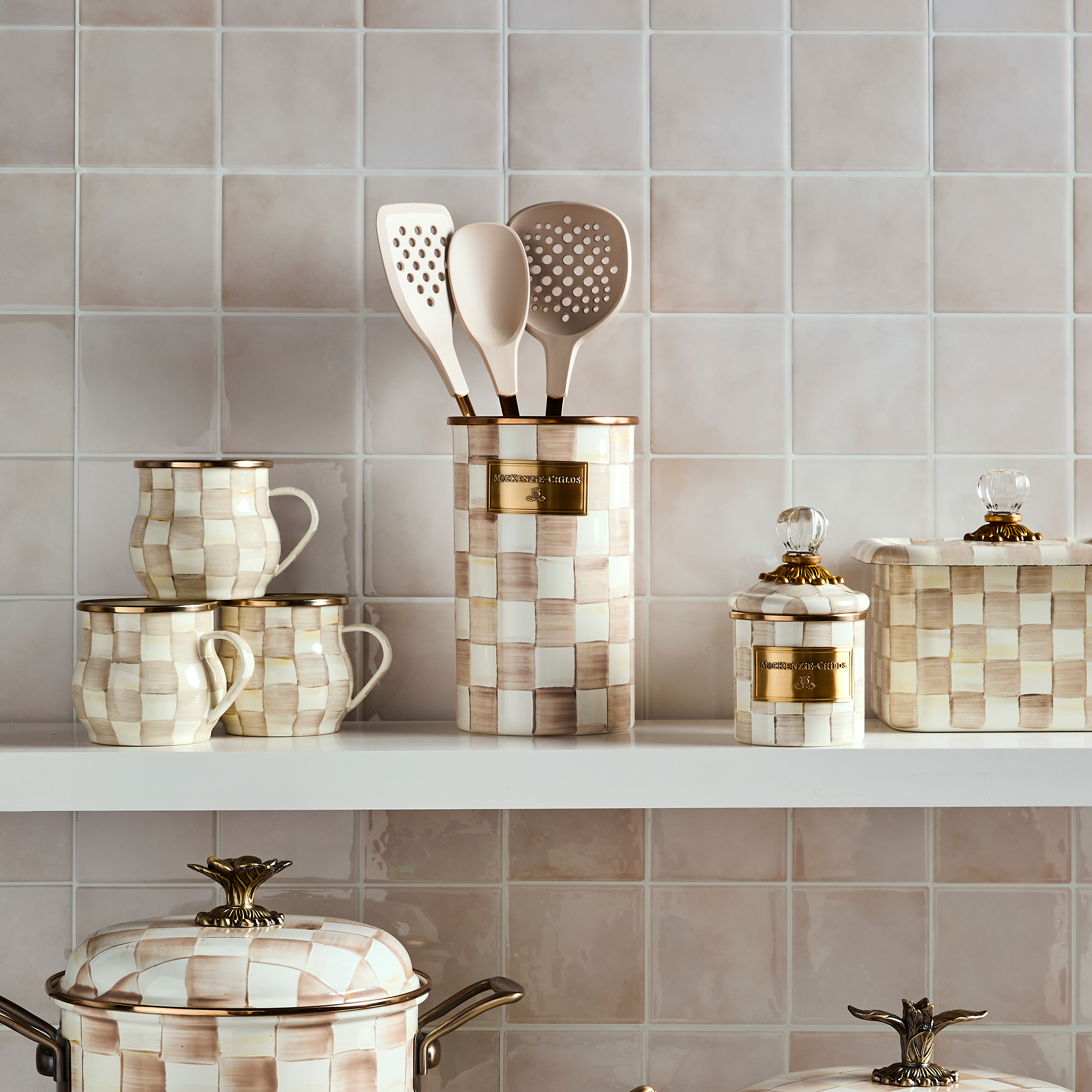 Mocha Check Utensil Holder