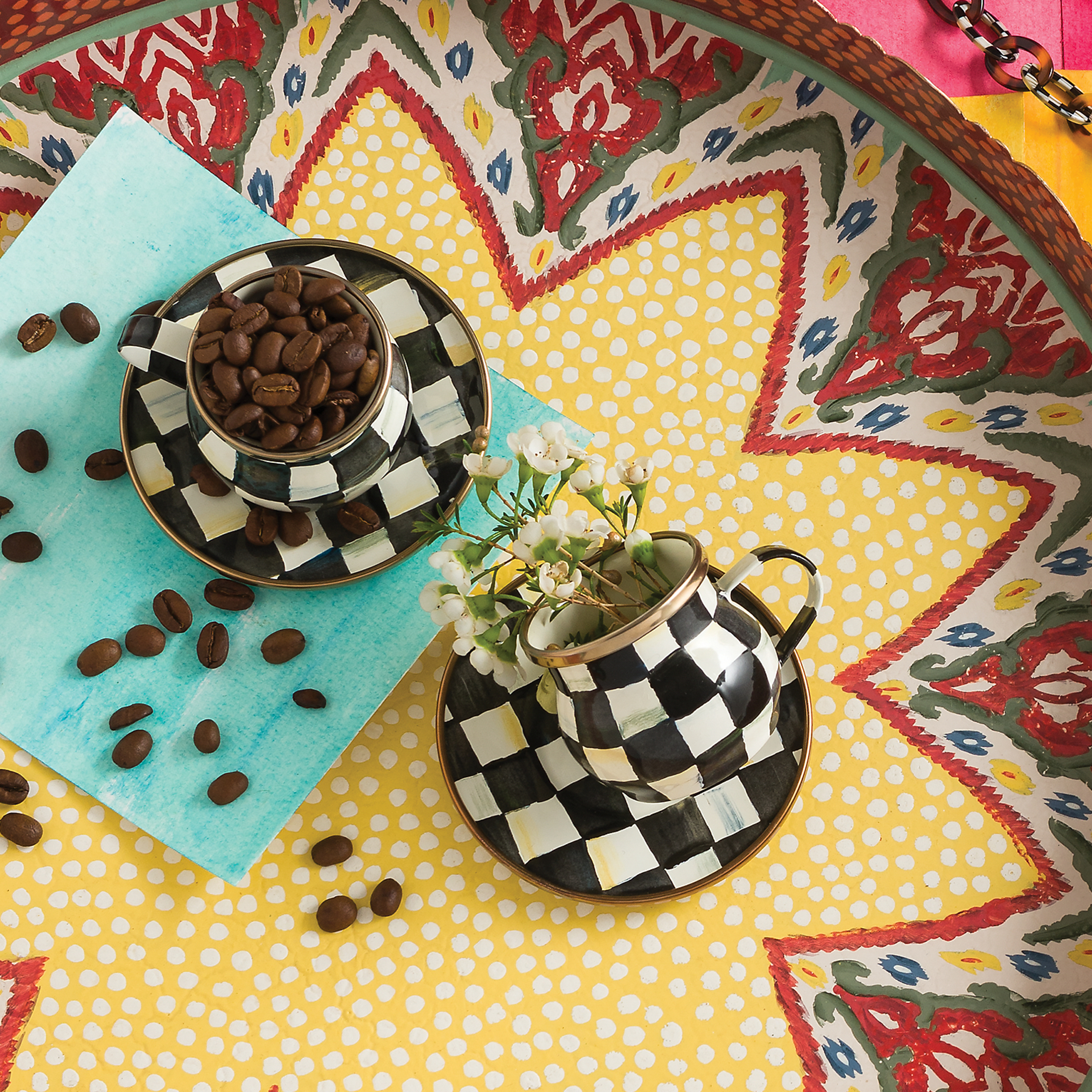Mocha Check Enamelware Espresso Cup & Saucer Set