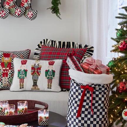 Red Tartan & Stripe Ruffle Pillow