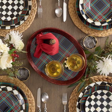 Tartan Enamel & Rattan Tray