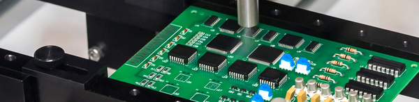 Printed circuit board being sprayed with conformal coating.
