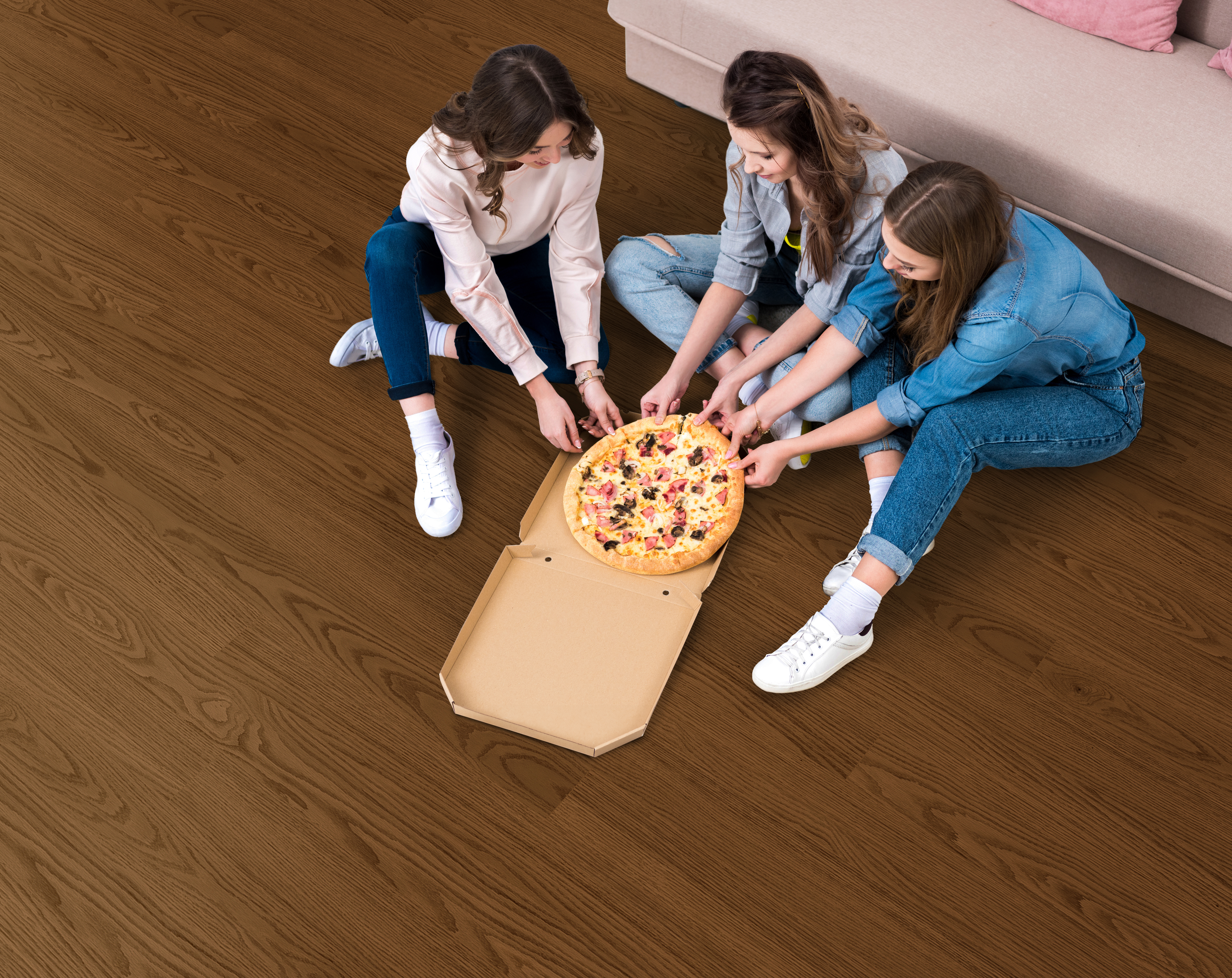 Whiskey Barrel flooring, shown in a room