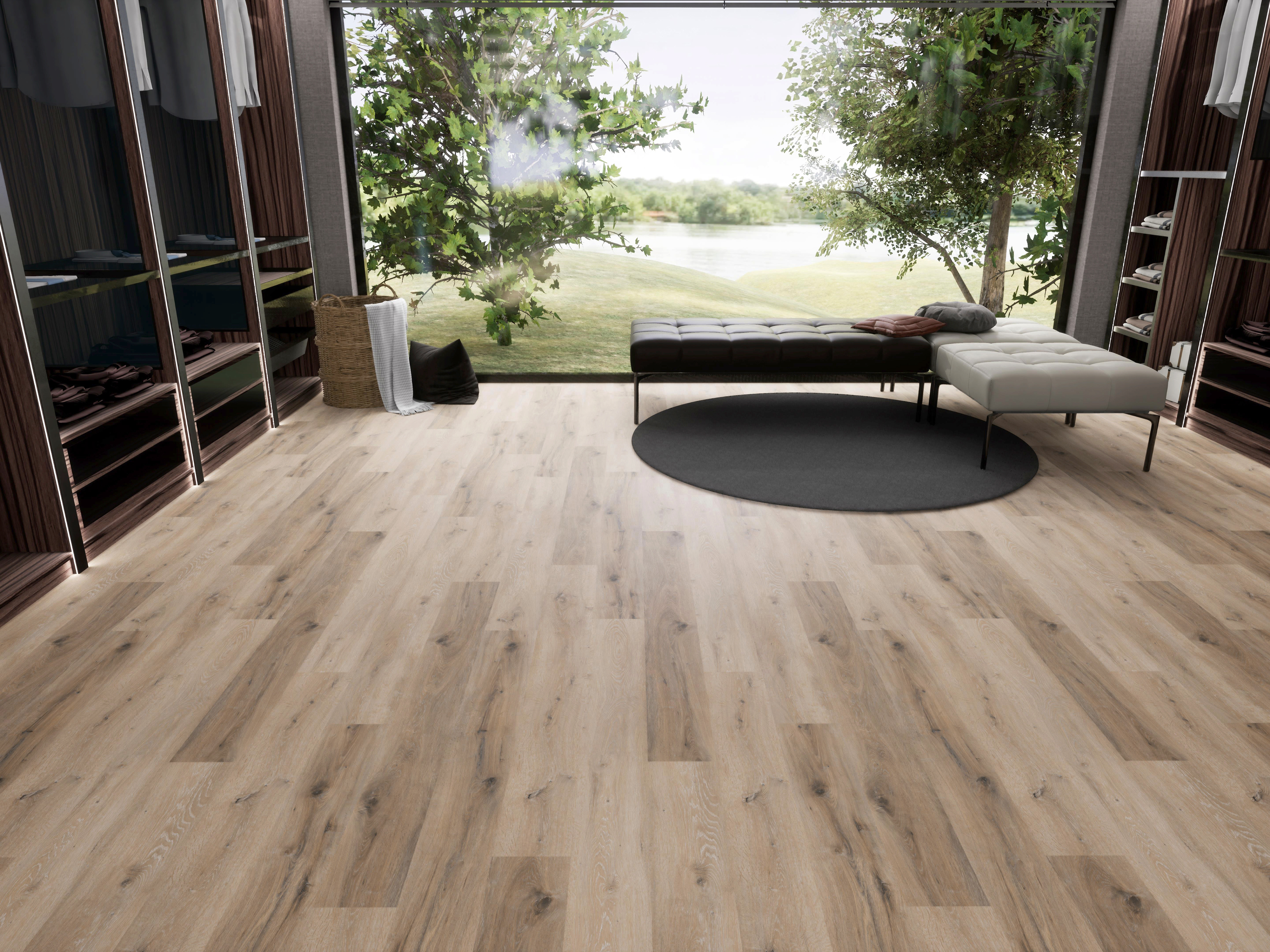 Almond flooring, shown in a room