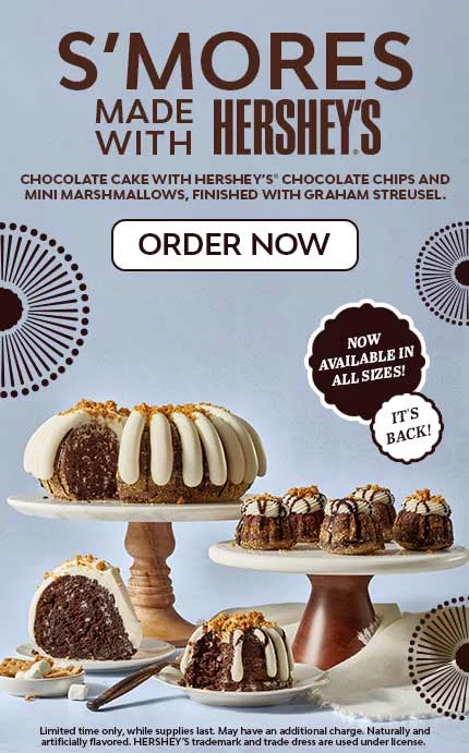 Your favorite fireside flavor is back! Bite into decadent chocolate cake baked with HERSHEY'S® milk chocolate chips and mini marshmallows, and finished with butter graham streusel.