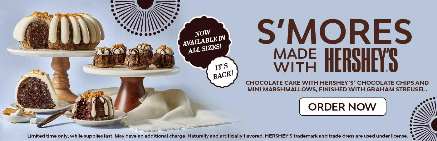 Your favorite fireside flavor is back! Bite into decadent chocolate cake baked with HERSHEY'S® milk chocolate chips and mini marshmallows, and finished with butter graham streusel.