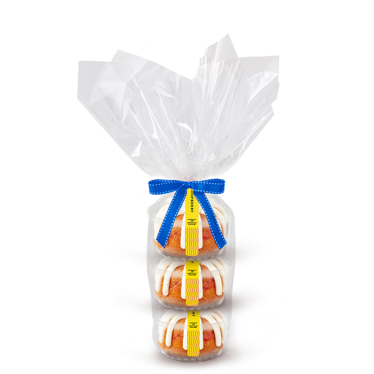 Three individually packaged Lemon Raspberry Bundtlet gift wrapped in cellophane with a blue stitched ribbon.