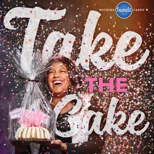 Take the Cake text - Image with girl holding Celebrate decorated bundt cakes and smiling with confetti all around her.