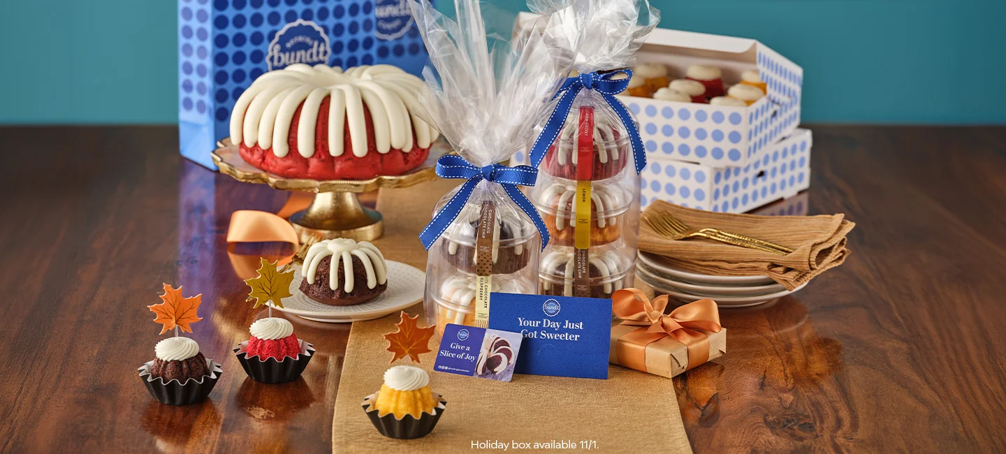 Nothing Bundt Cakes gift packaging featuring assorted mini Bundt cakes, wrapped Bundtini towers with ribbons, and a classic Bundt cake topped with cream cheese frosting in branded bakery boxes.