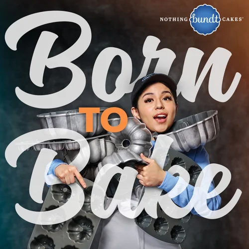 Born to Bake text - Image with girl holding bundt cake pans and smiling.