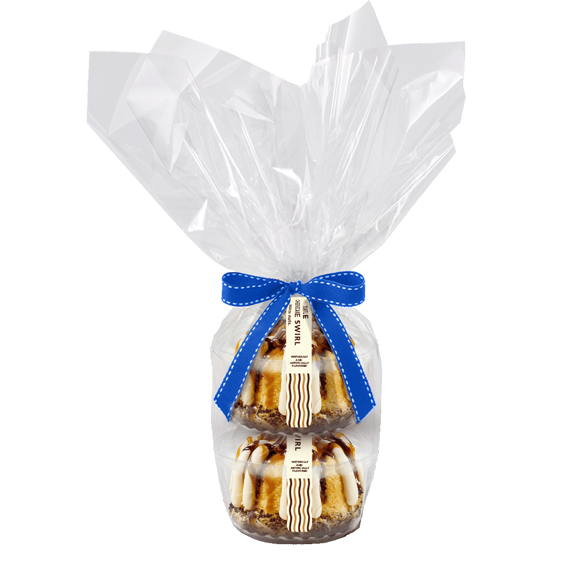 Two individually packaged Turtle Cheesecake Swirl Bundtlet gift wrapped in cellophane with a blue stitched ribbon.