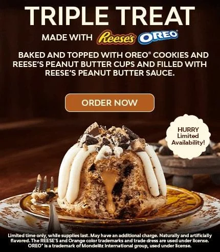Triple Treat Bundtlet topped and baked with Oreo cookies and Reese’s Peanut Butter Cups, filled with Reese’s peanut butter sauce – Nothing Bundt Cakes seasonal flavor.