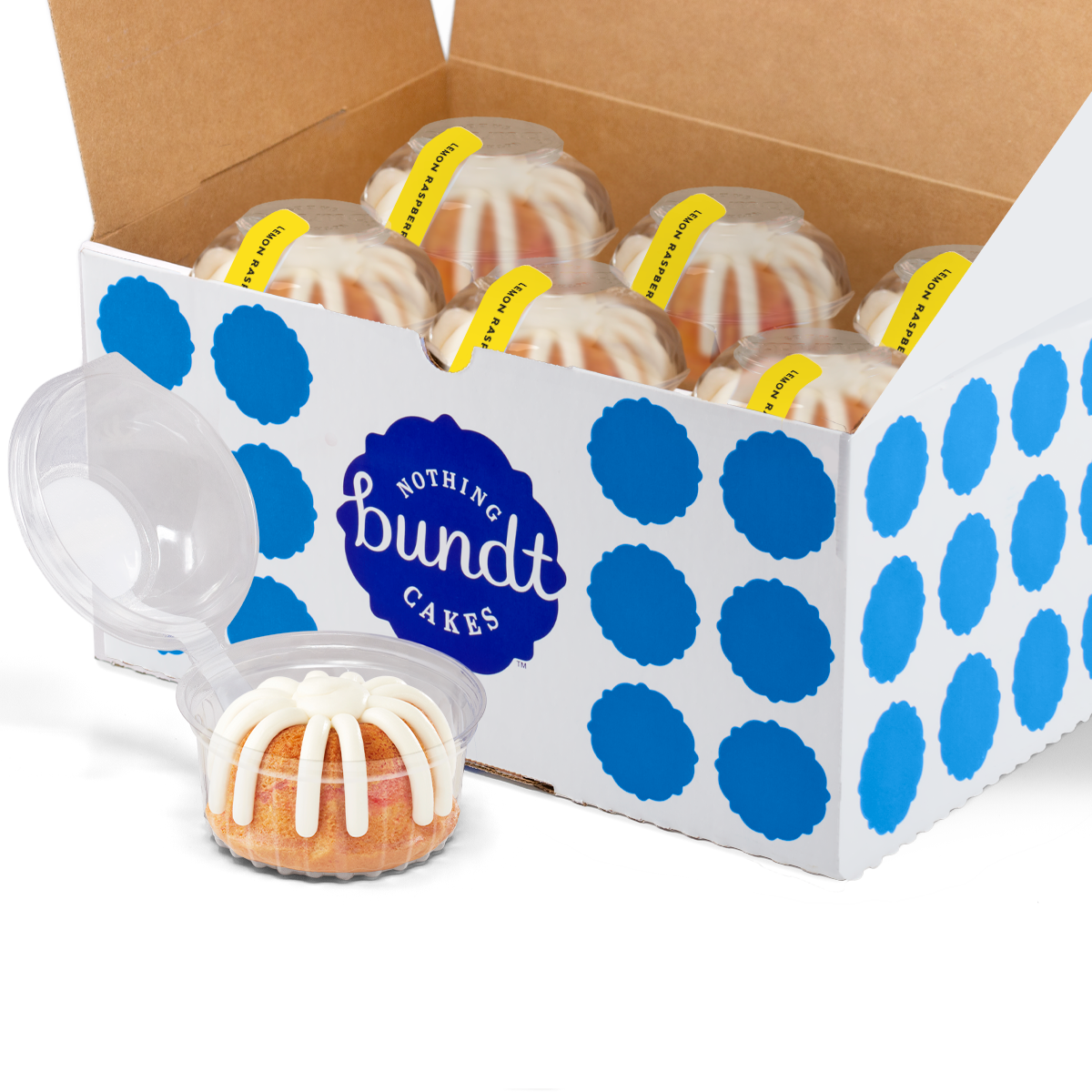 12 individually packaged Lemon Raspberry Bundtlet gift wrapped in cellophane with a blue stitched ribbon.