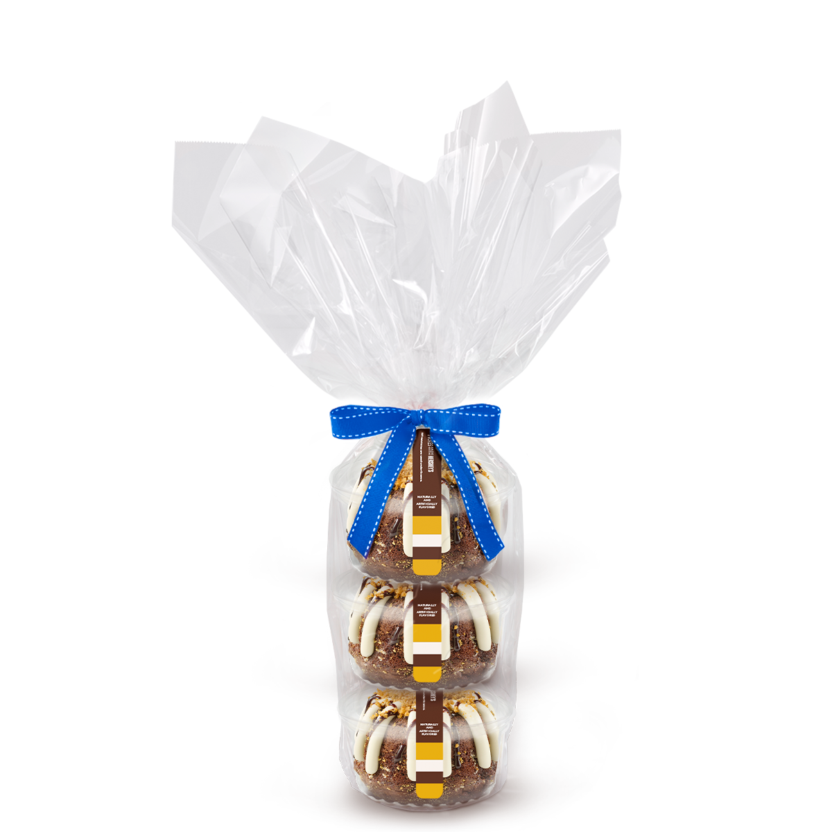3 individually packaged S'mores Made With HERSHEY'S Bundtlets gift wrapped in cellophane with a blue stitched ribbon.