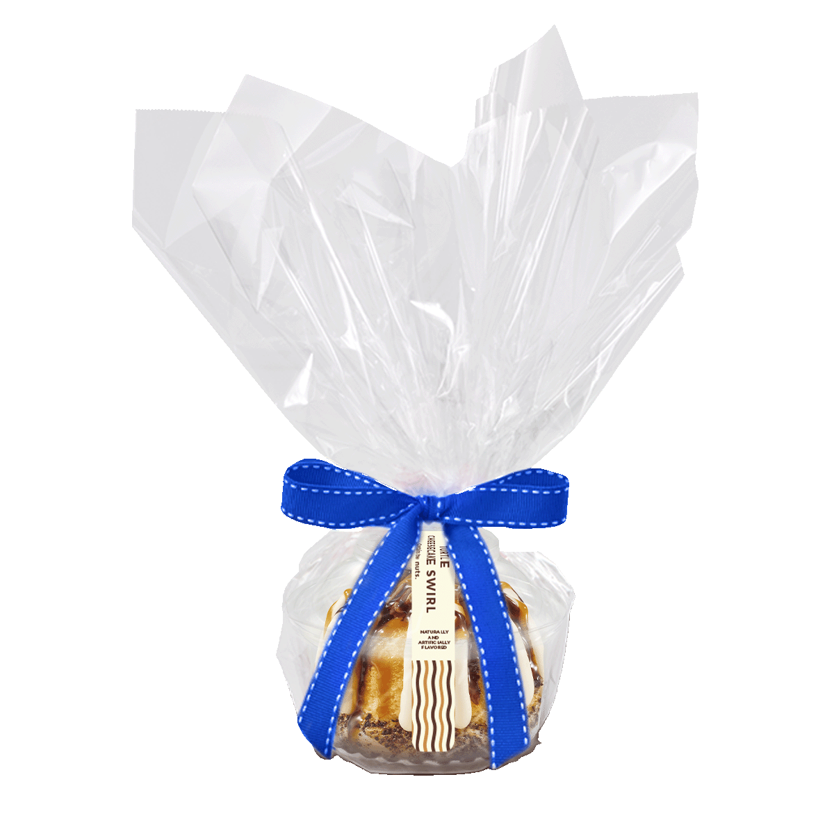 One individually packaged Turtle Cheesecake Swirl Bundtlet gift wrapped in cellophane with a blue stitched ribbon.