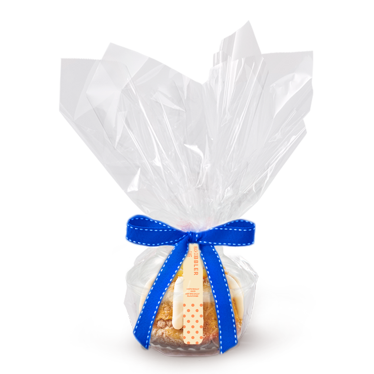 One individually packaged Peach Cobbler Cake Bundtlet gift wrapped in cellophane with a blue stitched ribbon.