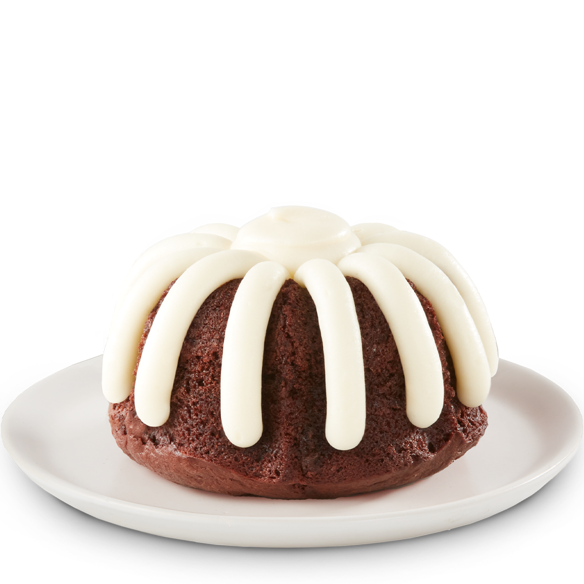 Personal size bundt cake crowned with signature cream cheese frosting on a plate.