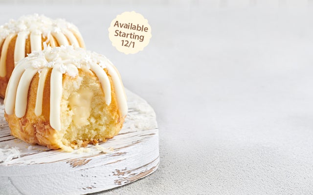Featuring a Coconut Cream Snowflake Bundtlet, showing part of the middle. Limited Availability.