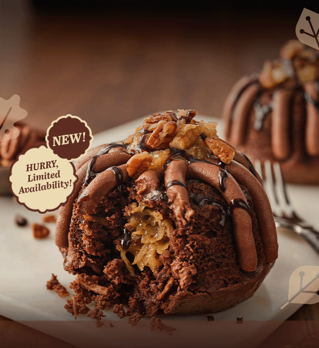 German Chocolate. Don't miss this rich and indulgent classic. Signature Chocolate Chocolate Chip cake, baked and filled with German Chocolate filling, made with toasted coconut and butter-roasted pecan pieces. Finished with creamy chocolate ganache frosting and a silky chocolate drizzle.