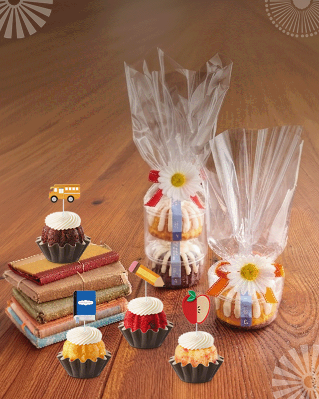 Single Bundtlet Tower, Double Bundtlet Tower, and Bundtinis® with decorations on top.