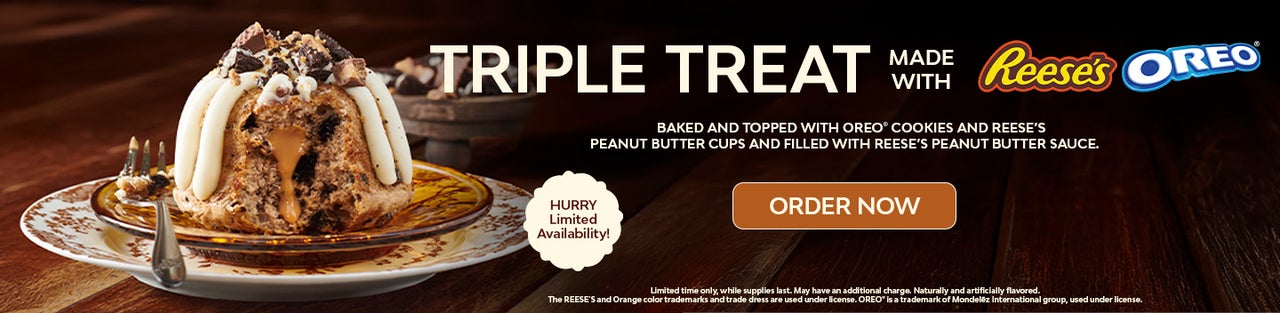 Triple Treat Bundtlet topped and baked with Oreo cookies and Reese’s Peanut Butter Cups, filled with Reese’s peanut butter sauce – Nothing Bundt Cakes seasonal flavor.