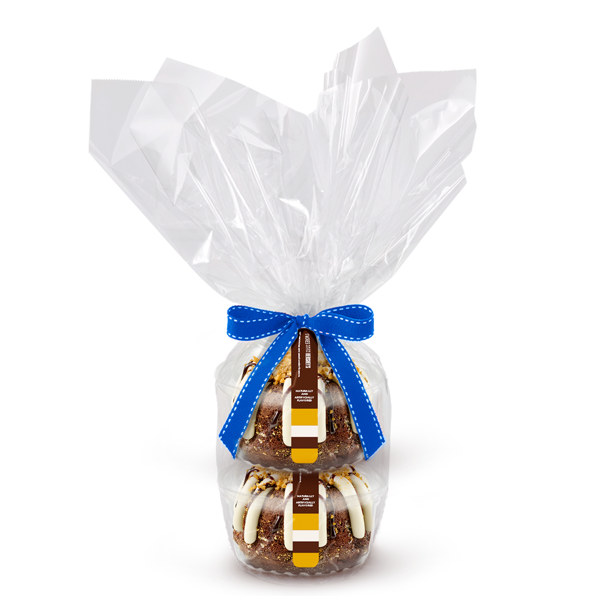 2 individually packaged S'mores Made With HERSHEY'S Bundtlets gift wrapped in cellophane with a blue stitched ribbon.