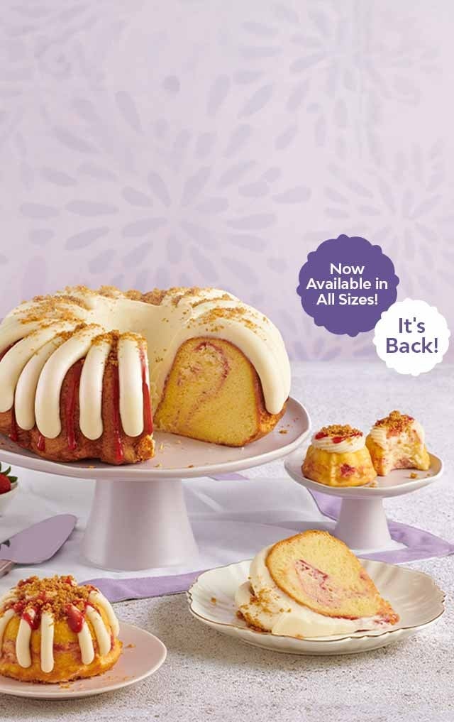 CLASSIC WHITE CAKE SWIRLED WITH CREAMY CHEESECAKE
FILLING  AND DRIZZLED WITH REAL STRAWBERRY GLAZE