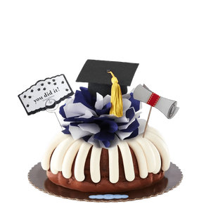 Bundt Cake with bow decoration with graduation hat on top and card -- Shop Now