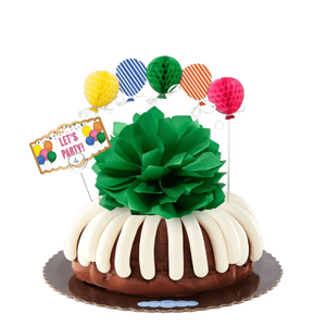 Bundt Cake with green bow decoration, balloon picks and card -- Shop Now.