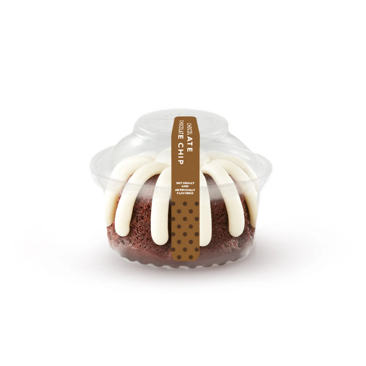 Personal size bundt cake crowned with signature cream cheese frosting on a plastic container.
